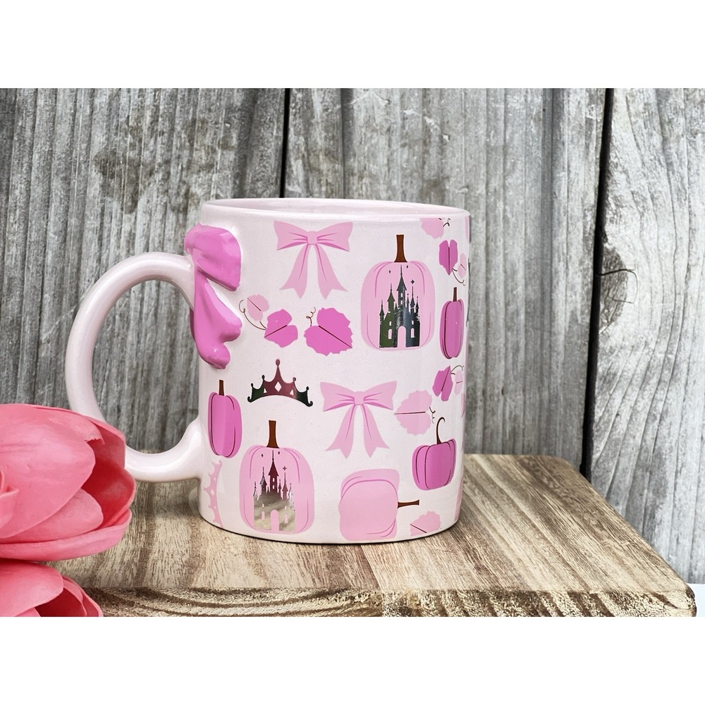 DISNEY Coquette Cinderella Castle w/ Pink Bows & Fall Pumpkins Coffee Mug NEW